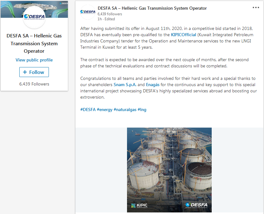 Screenshot 2020 08 18 DESFA SA Hellenic Gas Transmission System Operator posted on LinkedIn